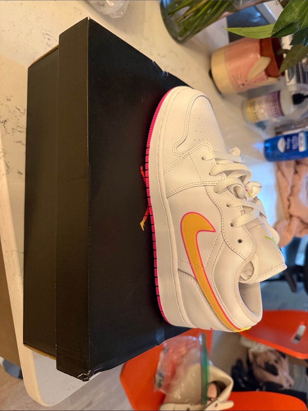 Nike Kids White Sneakers with Yellow and Pink Swoosh
